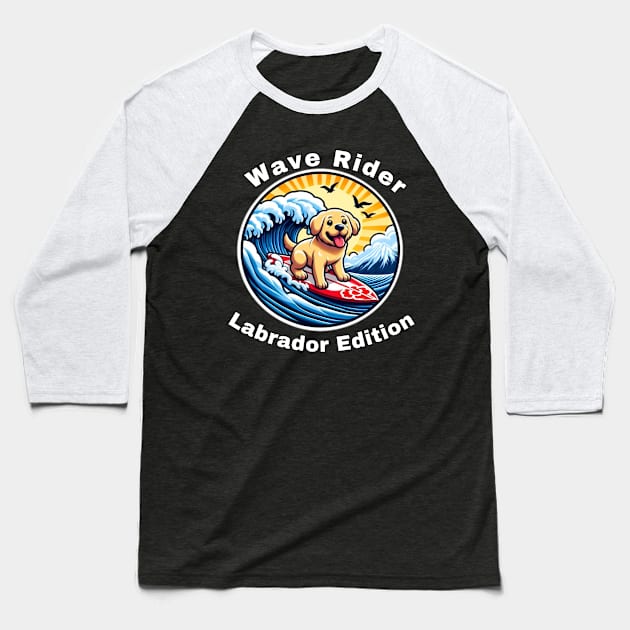 Wave Rider Labrador Edition- Labrador Puppy Surfing on the Great Waves off Kanagawa Baseball T-Shirt by Trendz by Ami